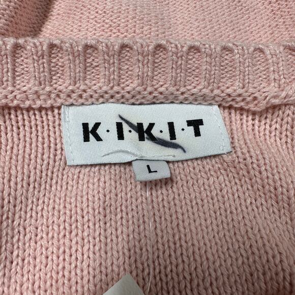 KIKIT NWT Pink Cable Knit Fringe Sleeve Trim Crew Neck Sweater Size L Rib Trim - Picture 5 of 10